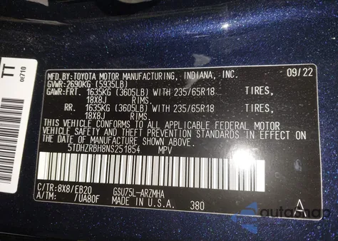 2022 Toyota Highlander Xle from USA, damaged, VIN 5TDHZRBH8NS251854